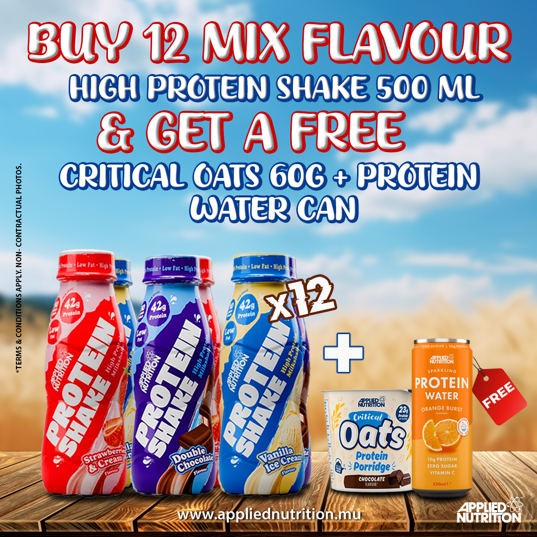 BUY 12 Mix flavour High Protein Shake 500ml & Get a free critical oats 60g + 1 protein water can