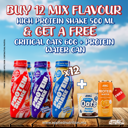 BUY 12 Mix flavour High Protein Shake 500ml & Get a free critical oats 60g + 1 protein water can